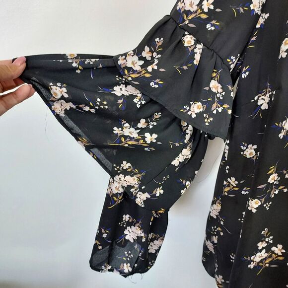 Moa Moa Shirt Top Flowy Black Floral Womens Plus Size 1X Layered Sleeve Keyhole - Picture 4 of 14